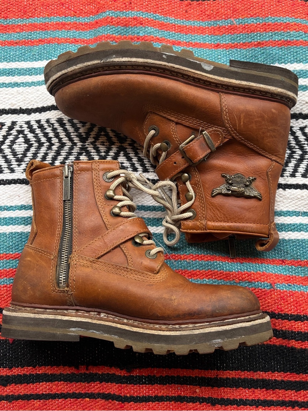 Vintage Harley-Davidson Tobacco Brown Lace-Up Leather Boots with Side Zip